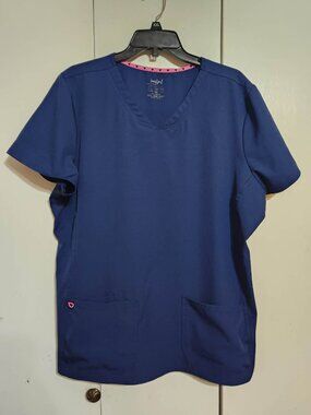 HeartSoul Women's Navy Scrub Top 2X Plus Size Medical Uniform V Neck Pockets EUC